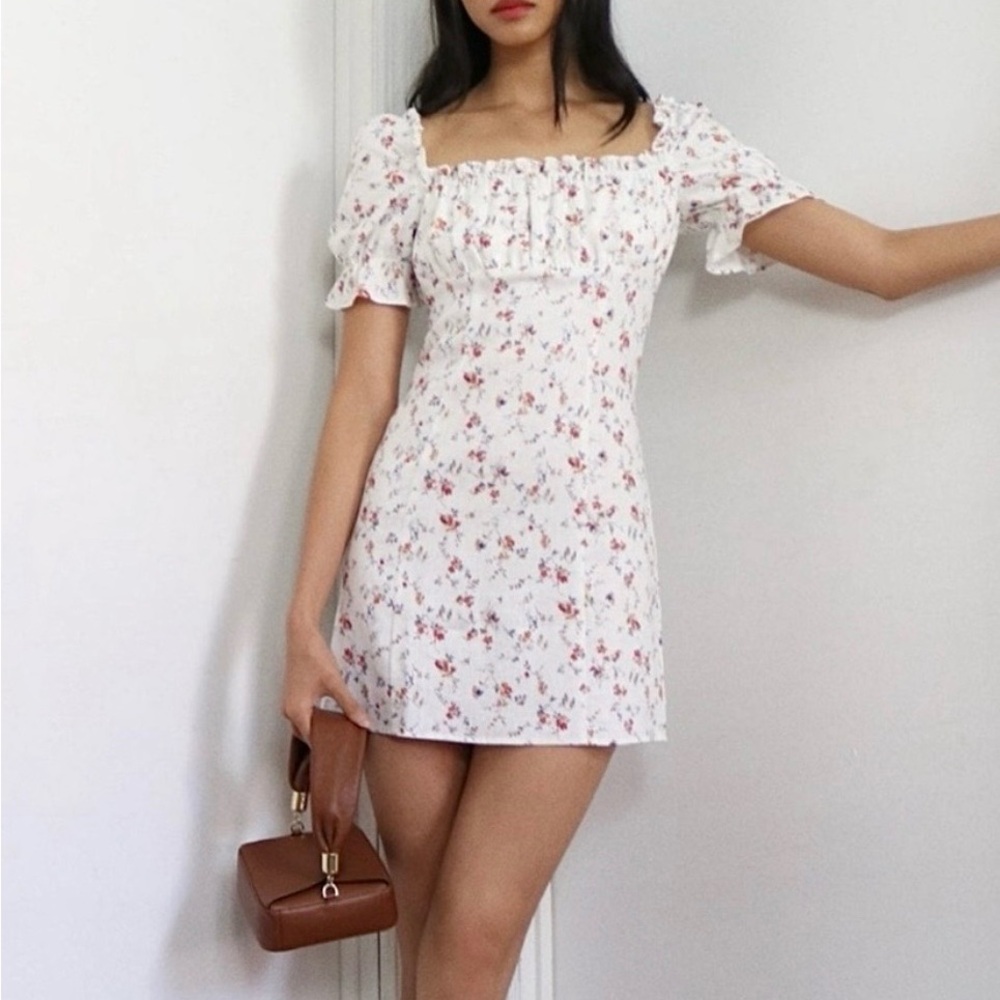 Reformation Robles Short Puff Sleeve 100% Linen Gabrielle Floral Mini Dress - 12